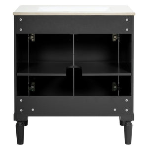 English Elm 30 Inch Matte Black Bathroom Vanity with Ceramic Basin Carved Doors and Wood Legs N710P415327B