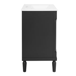 English Elm 30 Inch Matte Black Bathroom Vanity with Ceramic Basin Carved Doors and Wood Legs N710P415327B