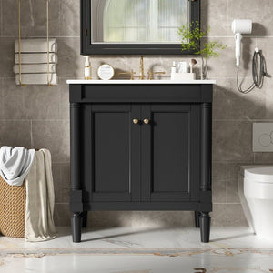 English Elm 30 Inch Matte Black Bathroom Vanity with Ceramic Basin Carved Doors and Wood Legs N710P415327B
