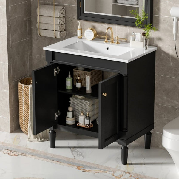 English Elm 30 Inch Matte Black Bathroom Vanity with Ceramic Basin Carved Doors and Wood Legs N710P415327B