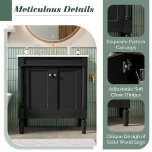 English Elm 30 Inch Matte Black Bathroom Vanity with Ceramic Basin Carved Doors and Wood Legs N710P415327B