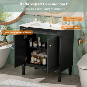English Elm 30 Inch Matte Black Bathroom Vanity with Ceramic Basin Carved Doors and Wood Legs N710P415327B