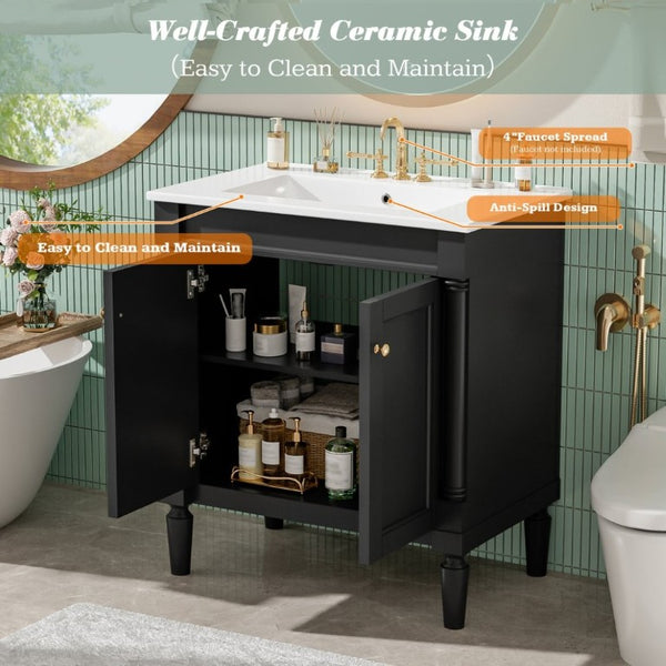 English Elm 30 Inch Matte Black Bathroom Vanity with Ceramic Basin Carved Doors and Wood Legs N710P415327B
