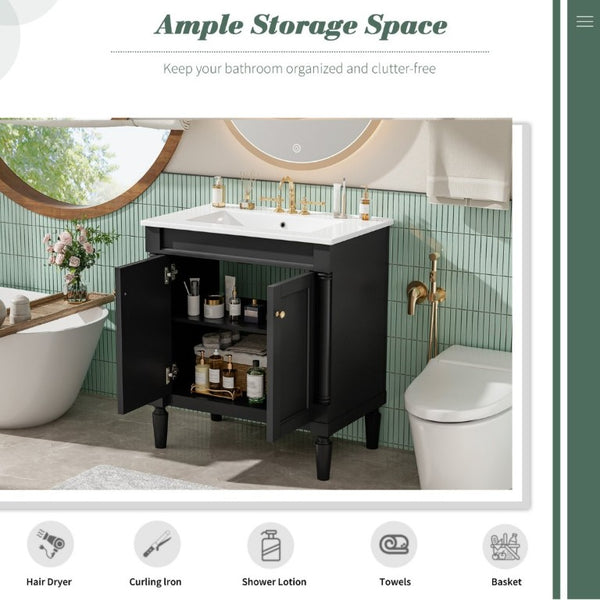 English Elm 30 Inch Matte Black Bathroom Vanity with Ceramic Basin Carved Doors and Wood Legs N710P415327B