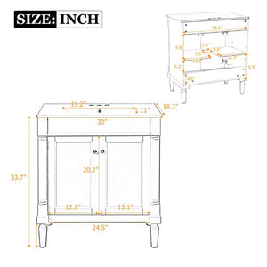 English Elm 30 Inch Matte Black Bathroom Vanity with Ceramic Basin Carved Doors and Wood Legs N710P415327B