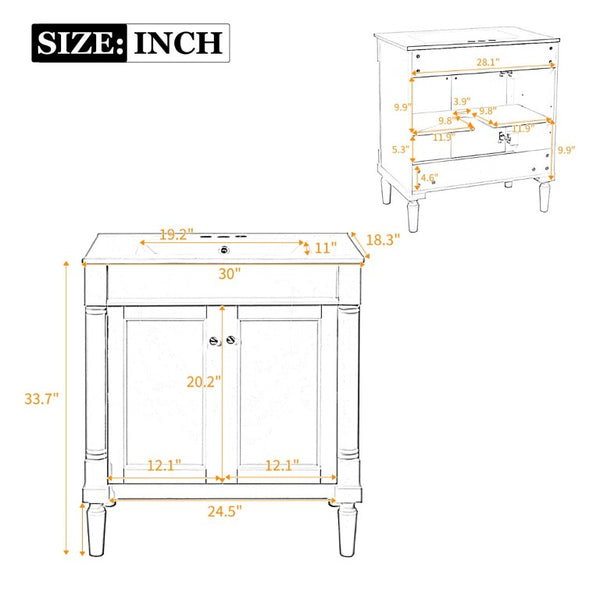 English Elm 30 Inch Matte Black Bathroom Vanity with Ceramic Basin Carved Doors and Wood Legs N710P415327B