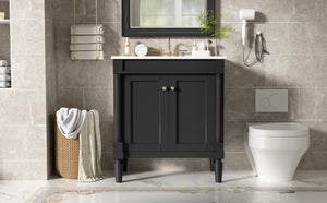 English Elm 30 Inch Matte Black Bathroom Vanity with Ceramic Basin Carved Doors and Wood Legs N710P415327B