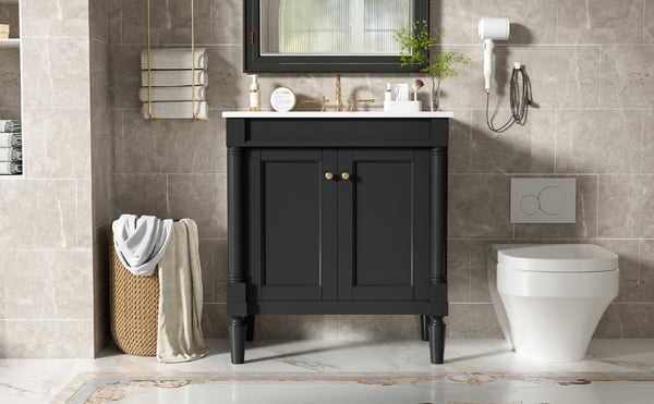 English Elm 30 Inch Matte Black Bathroom Vanity with Ceramic Basin Carved Doors and Wood Legs N710P415327B