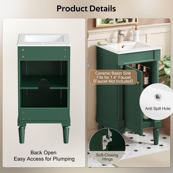 English Elm 18" French Provincial Bathroom Vanity with Ceramic Sink Soft Close Cabinet Storage N710P415332F