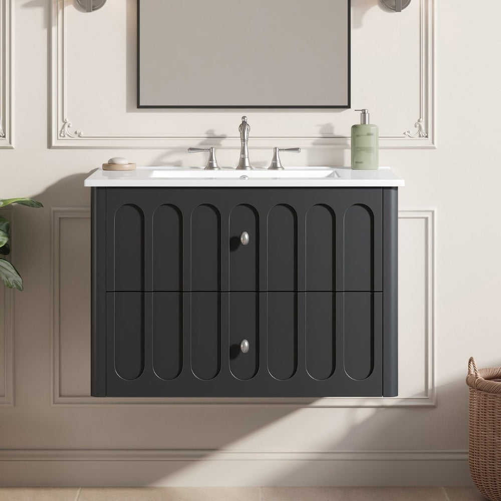 English Elm 30" Wall Mounted Bathroom Vanity Mdf Pine Cabinet Ceramic Sink Soft Close Storage Black N710P426312B