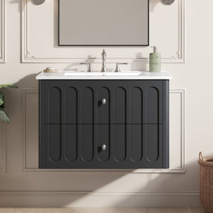 English Elm 30" Wall Mounted Bathroom Vanity Mdf Pine Cabinet Ceramic Sink Soft Close Storage Black N710P426312B