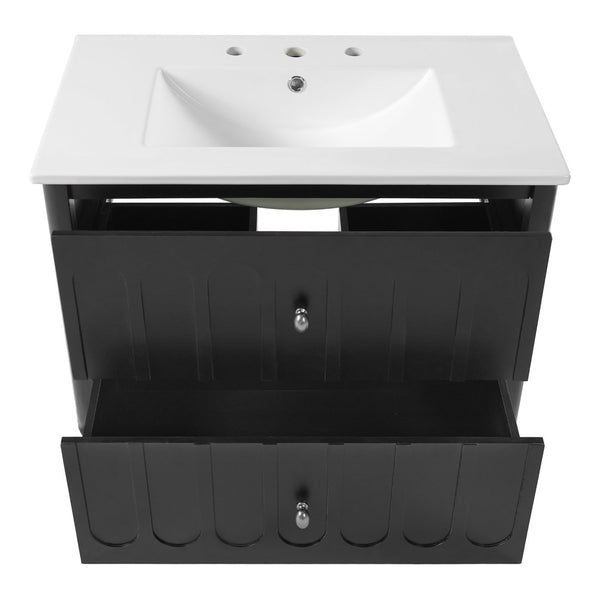 English Elm 30" Wall Mounted Bathroom Vanity Mdf Pine Cabinet Ceramic Sink Soft Close Storage Black N710P426312B