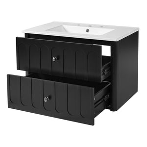 English Elm 30" Wall Mounted Bathroom Vanity Mdf Pine Cabinet Ceramic Sink Soft Close Storage Black N710P426312B