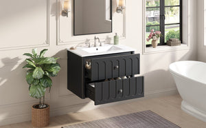 English Elm 30" Wall Mounted Bathroom Vanity Mdf Pine Cabinet Ceramic Sink Soft Close Storage Black N710P426312B