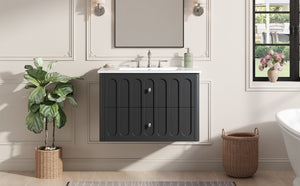 English Elm 30" Wall Mounted Bathroom Vanity Mdf Pine Cabinet Ceramic Sink Soft Close Storage Black N710P426312B
