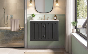English Elm 30" Wall Mounted Bathroom Vanity Mdf Pine Cabinet Ceramic Sink Soft Close Storage Black N710P426312B