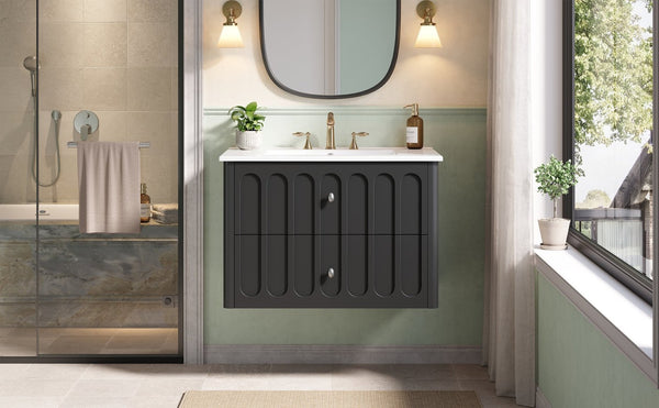 English Elm 30" Wall Mounted Bathroom Vanity Mdf Pine Cabinet Ceramic Sink Soft Close Storage Black N710P426312B