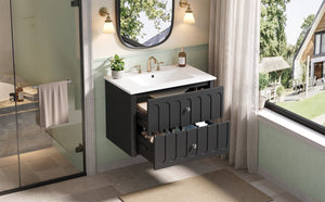 English Elm 30" Wall Mounted Bathroom Vanity Mdf Pine Cabinet Ceramic Sink Soft Close Storage Black N710P426312B