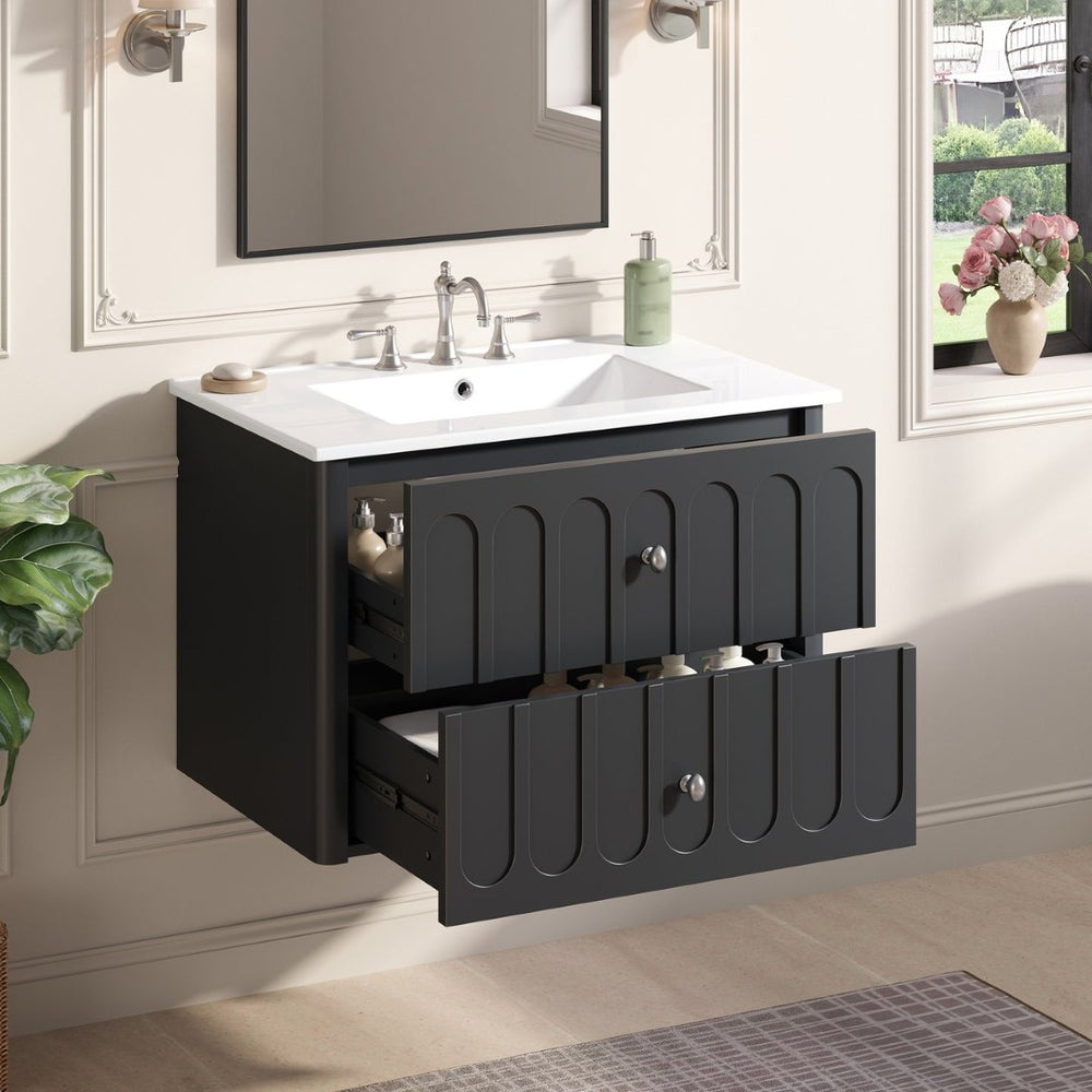 English Elm 30" Wall Mounted Bathroom Vanity Mdf Pine Cabinet Ceramic Sink Soft Close Storage Black N710P426312B