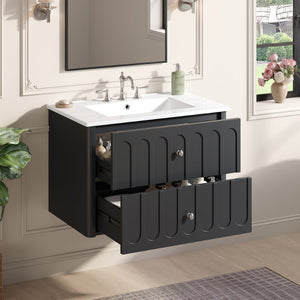 English Elm 30" Wall Mounted Bathroom Vanity Mdf Pine Cabinet Ceramic Sink Soft Close Storage Black N710P426312B