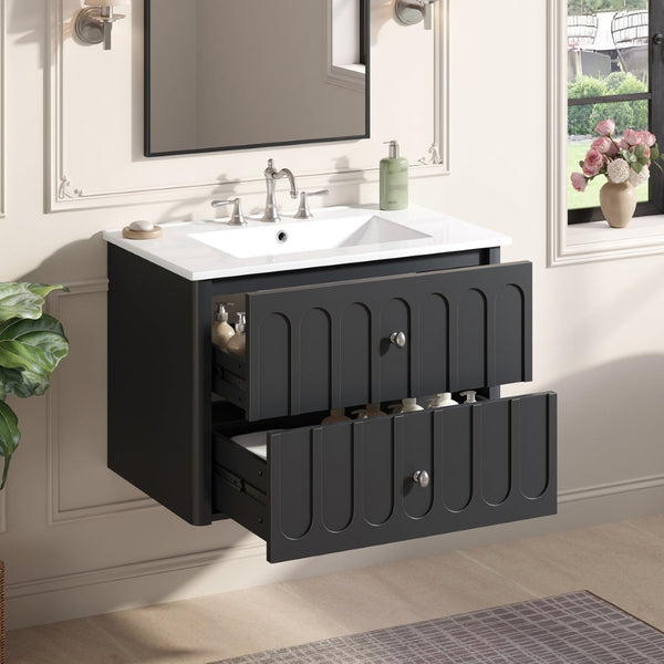 English Elm 30" Wall Mounted Bathroom Vanity Mdf Pine Cabinet Ceramic Sink Soft Close Storage Black N710P426312B