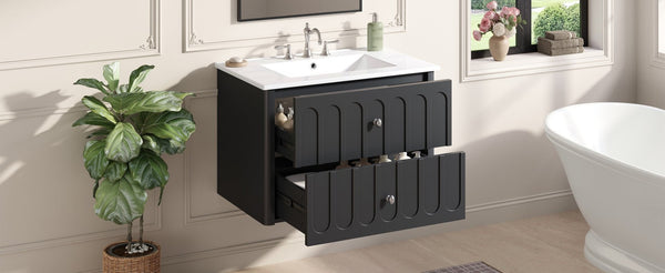 English Elm 30" Wall Mounted Bathroom Vanity Mdf Pine Cabinet Ceramic Sink Soft Close Storage Black N710P426312B