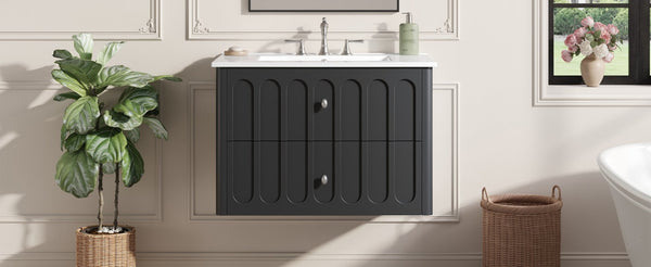 English Elm 30" Wall Mounted Bathroom Vanity Mdf Pine Cabinet Ceramic Sink Soft Close Storage Black N710P426312B