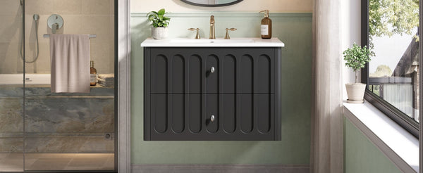 English Elm 30" Wall Mounted Bathroom Vanity Mdf Pine Cabinet Ceramic Sink Soft Close Storage Black N710P426312B