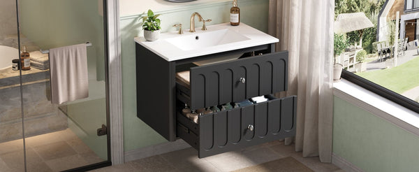 English Elm 30" Wall Mounted Bathroom Vanity Mdf Pine Cabinet Ceramic Sink Soft Close Storage Black N710P426312B