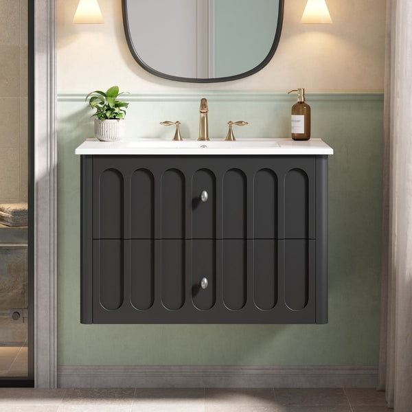 English Elm 30" Wall Mounted Bathroom Vanity Mdf Pine Cabinet Ceramic Sink Soft Close Storage Black N710P426312B