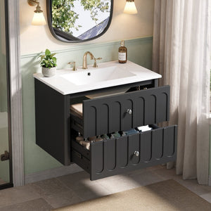 English Elm 30" Wall Mounted Bathroom Vanity Mdf Pine Cabinet Ceramic Sink Soft Close Storage Black N710P426312B