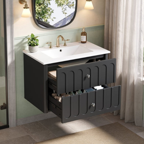 English Elm 30" Wall Mounted Bathroom Vanity Mdf Pine Cabinet Ceramic Sink Soft Close Storage Black N710P426312B