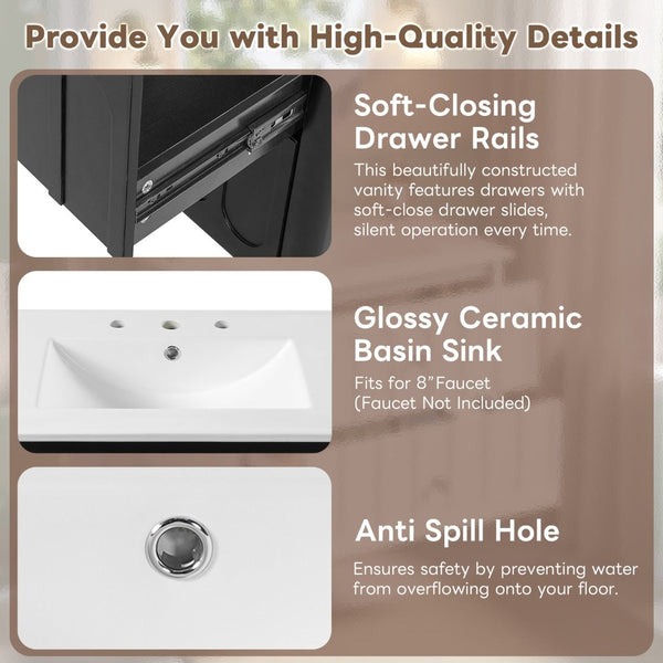 English Elm 30" Wall Mounted Bathroom Vanity Mdf Pine Cabinet Ceramic Sink Soft Close Storage Black N710P426312B