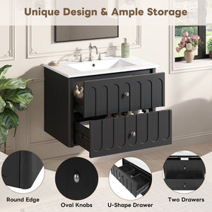English Elm 30" Wall Mounted Bathroom Vanity Mdf Pine Cabinet Ceramic Sink Soft Close Storage Black N710P426312B