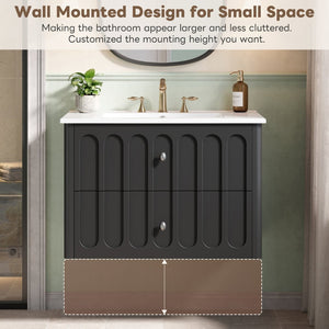 English Elm 30" Wall Mounted Bathroom Vanity Mdf Pine Cabinet Ceramic Sink Soft Close Storage Black N710P426312B