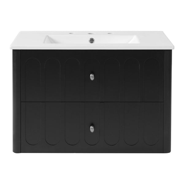 English Elm 30" Wall Mounted Bathroom Vanity Mdf Pine Cabinet Ceramic Sink Soft Close Storage Black N710P426312B