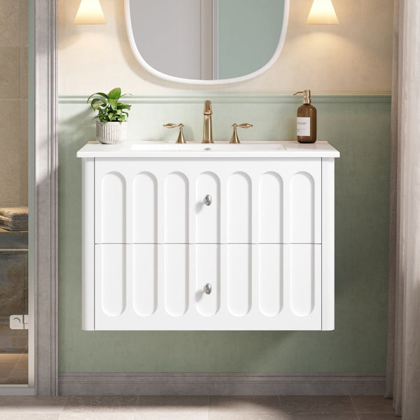 English Elm 30" Wall Mounted Bathroom Vanity Mdf Pine Cabinet Ceramic Sink Soft Close Storage White N710P426312K
