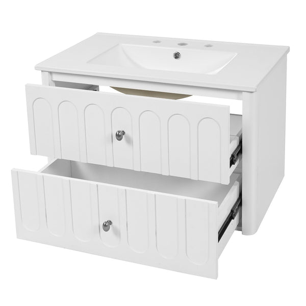English Elm 30" Wall Mounted Bathroom Vanity Mdf Pine Cabinet Ceramic Sink Soft Close Storage White N710P426312K