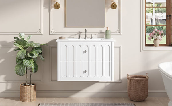 English Elm 30" Wall Mounted Bathroom Vanity Mdf Pine Cabinet Ceramic Sink Soft Close Storage White N710P426312K
