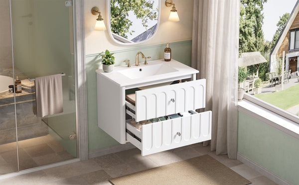 English Elm 30" Wall Mounted Bathroom Vanity Mdf Pine Cabinet Ceramic Sink Soft Close Storage White N710P426312K