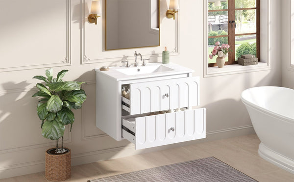 English Elm 30" Wall Mounted Bathroom Vanity Mdf Pine Cabinet Ceramic Sink Soft Close Storage White N710P426312K