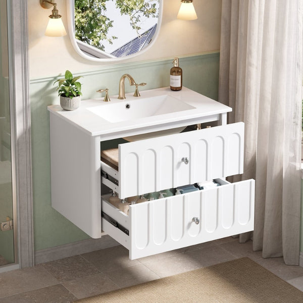 English Elm 30" Wall Mounted Bathroom Vanity Mdf Pine Cabinet Ceramic Sink Soft Close Storage White N710P426312K