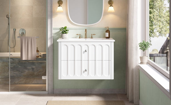 English Elm 30" Wall Mounted Bathroom Vanity Mdf Pine Cabinet Ceramic Sink Soft Close Storage White N710P426312K