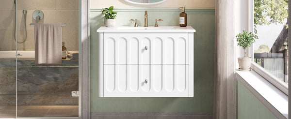 English Elm 30" Wall Mounted Bathroom Vanity Mdf Pine Cabinet Ceramic Sink Soft Close Storage White N710P426312K