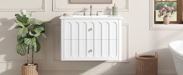 English Elm 30" Wall Mounted Bathroom Vanity Mdf Pine Cabinet Ceramic Sink Soft Close Storage White N710P426312K