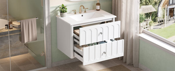 English Elm 30" Wall Mounted Bathroom Vanity Mdf Pine Cabinet Ceramic Sink Soft Close Storage White N710P426312K