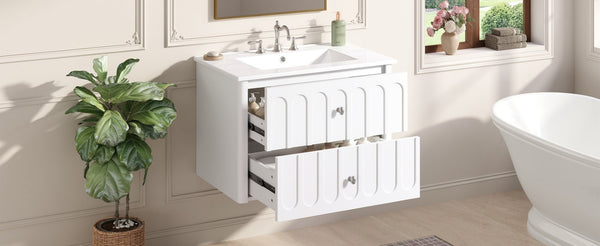 English Elm 30" Wall Mounted Bathroom Vanity Mdf Pine Cabinet Ceramic Sink Soft Close Storage White N710P426312K