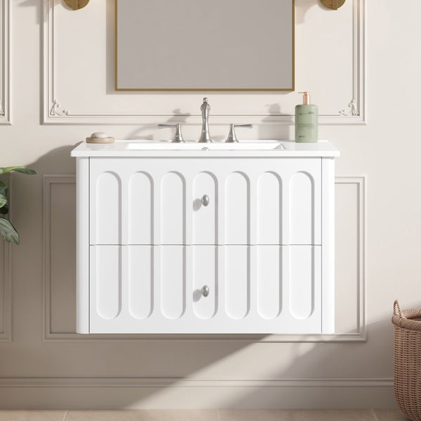 English Elm 30" Wall Mounted Bathroom Vanity Mdf Pine Cabinet Ceramic Sink Soft Close Storage White N710P426312K
