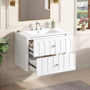 English Elm 30" Wall Mounted Bathroom Vanity Mdf Pine Cabinet Ceramic Sink Soft Close Storage White N710P426312K