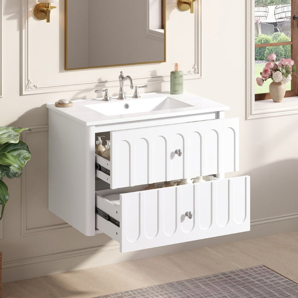 English Elm 30" Wall Mounted Bathroom Vanity Mdf Pine Cabinet Ceramic Sink Soft Close Storage White N710P426312K